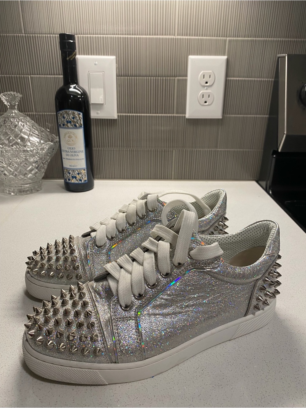 Christian Louboutin Silver Holographic Spike-Stud Sneakers - Women